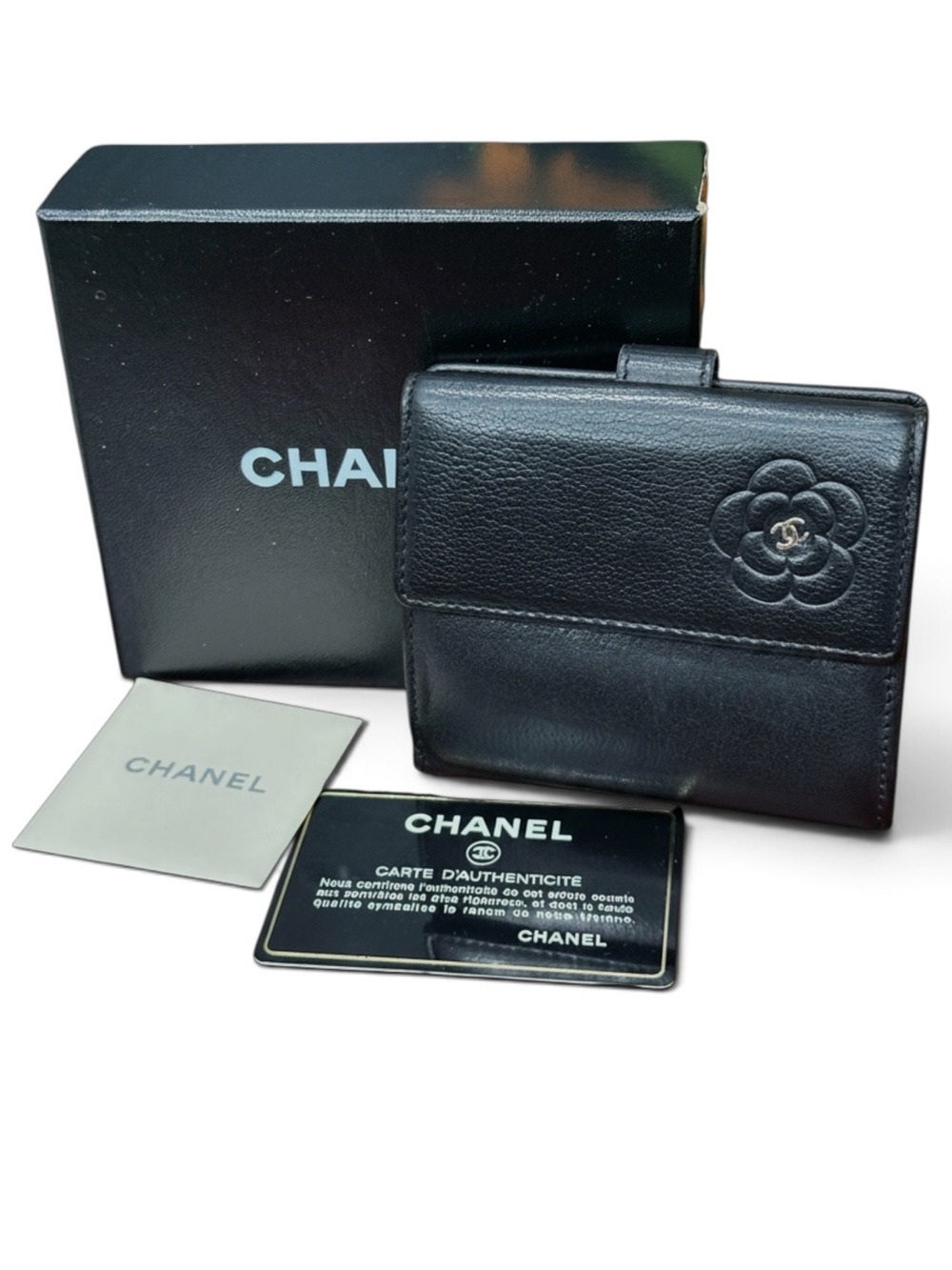 Chanel Camellia CC Black Leather Compact Wallet 15 Series
